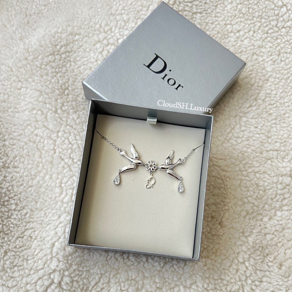 Auth Vintage Dior Logo Bird Of Flowers Crystal Drop Necklace W/ Silver Hardware
